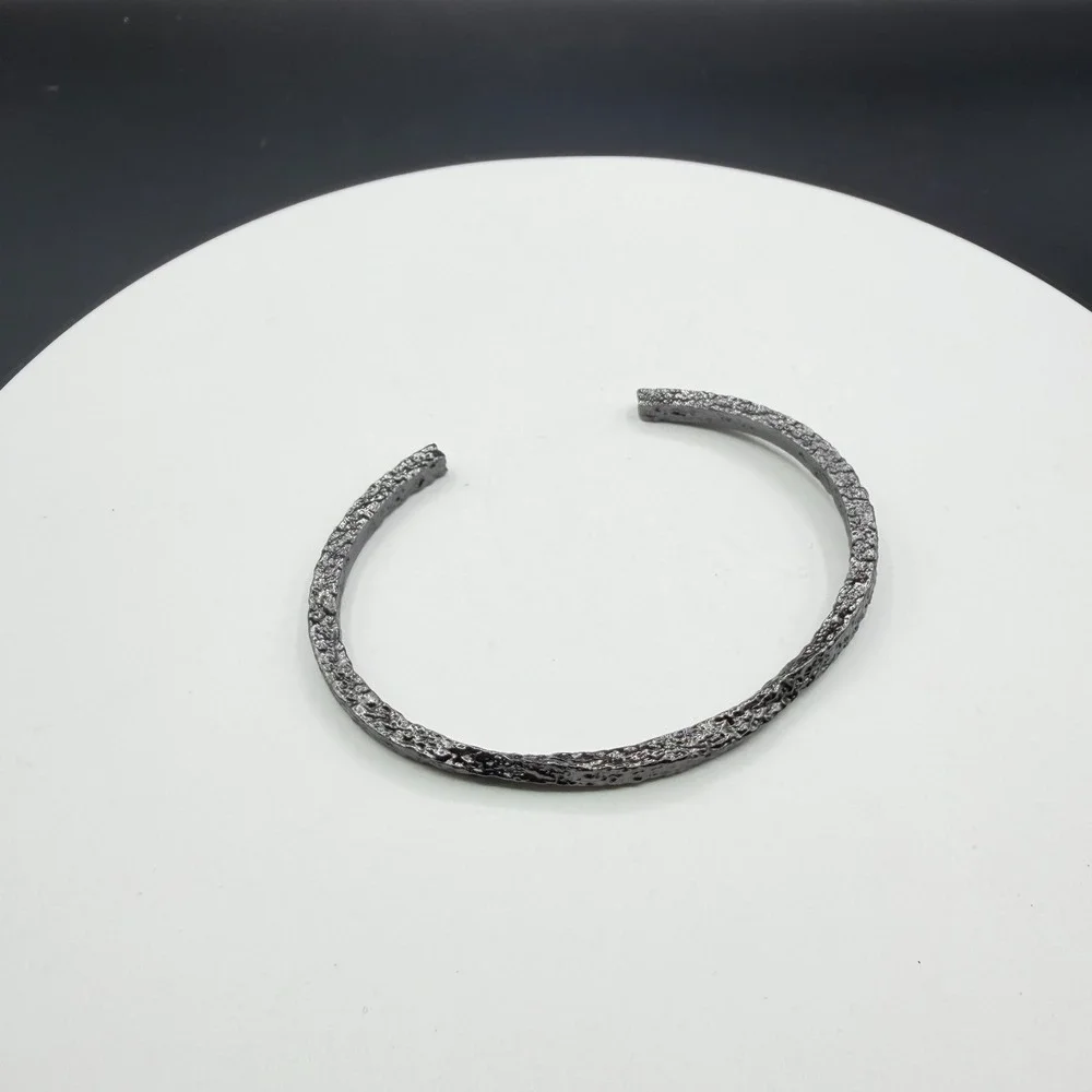 Gunmetal Silver Tone Textured Open Cuff Bracelet Gothic Boho Statement Jewelry